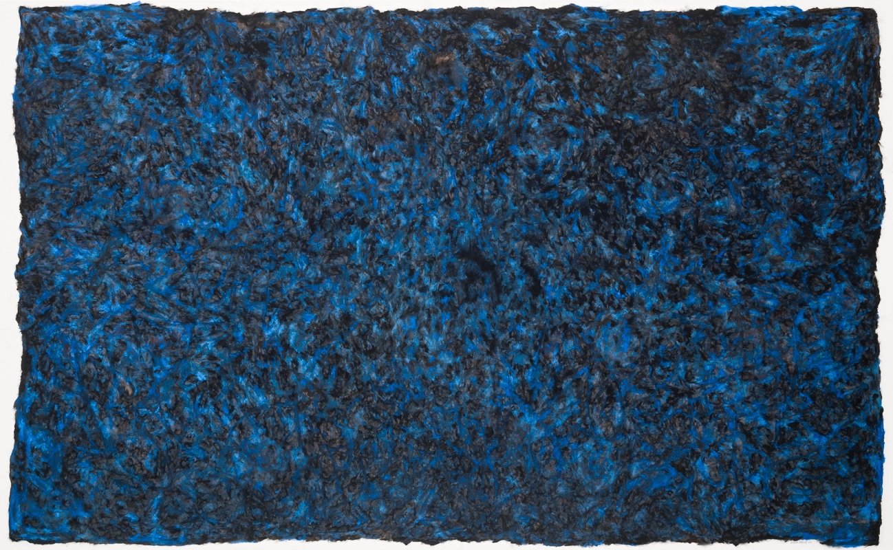 large horizontal blue and black abstract painting