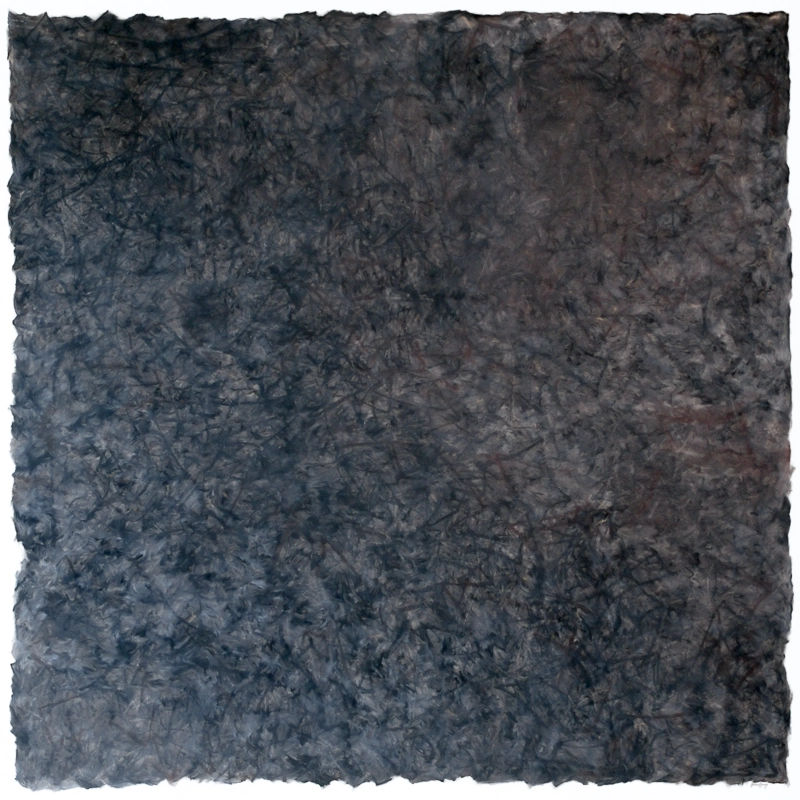 large square shaped abstract painting in black, grey, and brown