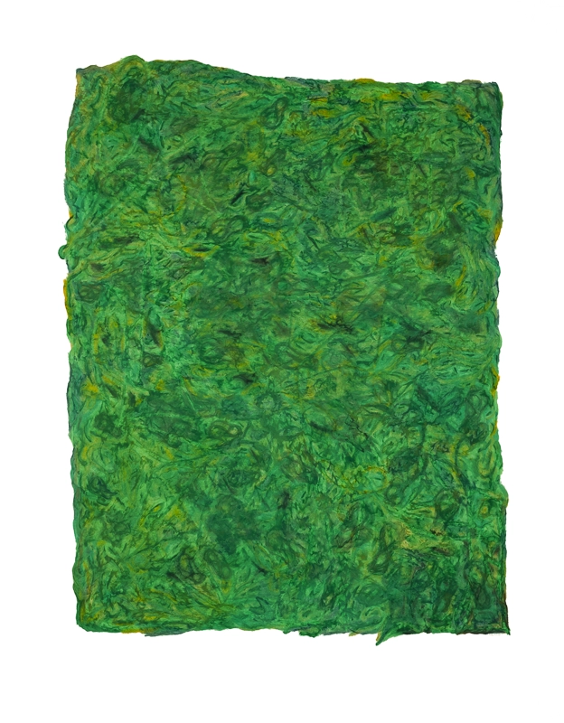 large vertical green abstract painting that extends higher on the top left border of warm white paper