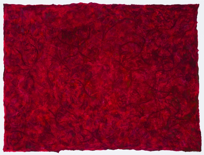 large, deep red, abstract painting in landscape orientation