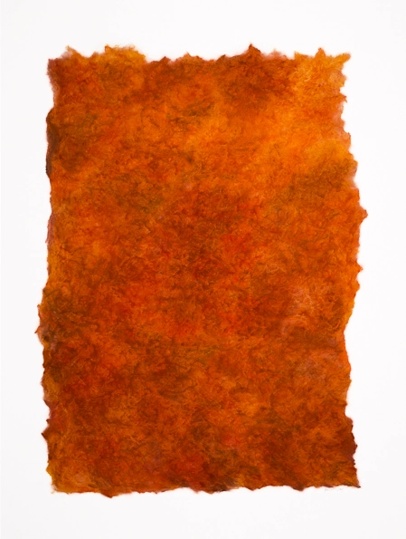 brown-red-orange abstract painting in vertical orientation with asymmetrical border of warm white paper