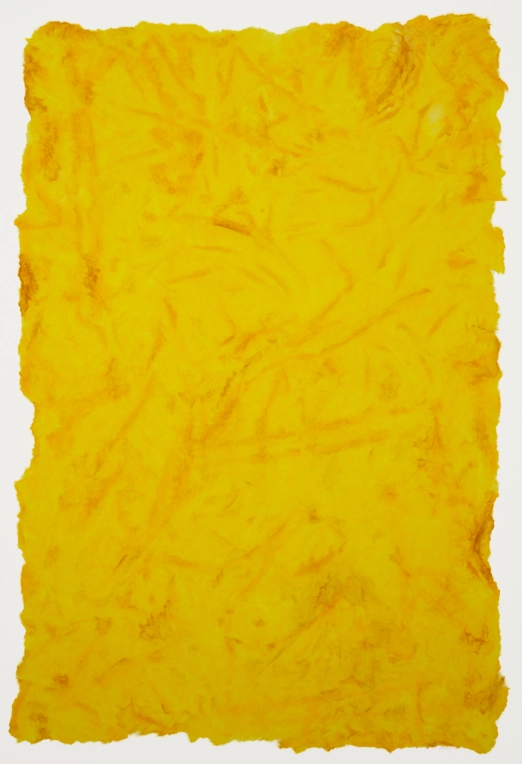 yellow abstract painting with repeated yellow-brown curved marks