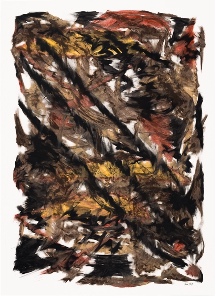 abstract painting with strong black marks in diagonal from lower left to upper right