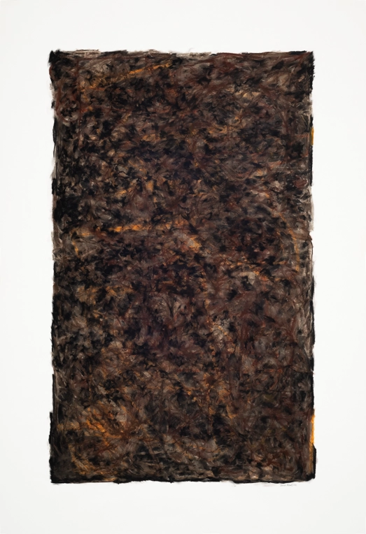 large, dark, abstract painting in vertical orientation with a blank border of warm white paper left on all sides